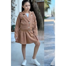 Riccotarz Kız Çocuk Gümüş Düğme Ve Fırfır Detaylı Kahverengi Ceket Etekli Takım 001