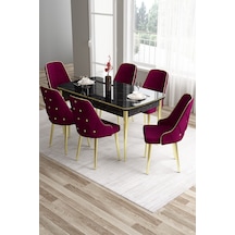 Canisa Tia Serisi 80x132 Açılabilir Mdf Siyah Mermer Desen Gold Detay Masa Takımı Ve 6 Mürdüm Sandalye Masa Siyah Mermer Desen Sandalye Mürdüm