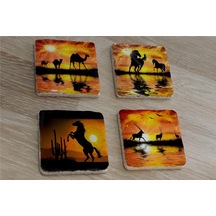 Egzotik Hayvanlar Deve At Antilop Doğal Taş Bardak Altlığı 4'lü Set - Natural Stone Coasters - Taş Çok Renkli