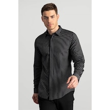 Tudors Slim Fit Dar Kesim Çizgili Oxford Spor Gömlek-20628 Siyah