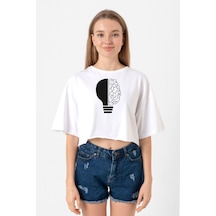 Lightbulb & Brain Beyaz Kadın Crop Tshirt Beyaz