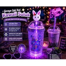 Led Işıklı Pipetli Kawaii Chibi Sevimli Tavşan Figürlü Çift Katmanlı İçecek Bardağı Suluk 450 Ml Mor