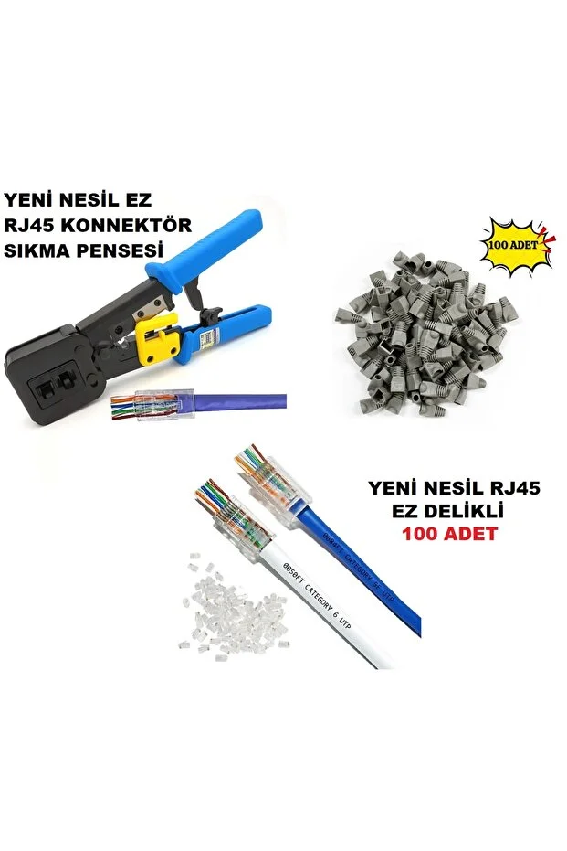 Yeni Nesil Ez Rj45 Rj11 Cat5 Cat6 Konnektör Pensesi + Yeni Nesil Delikli Rj45 100'lü Jak + 100 Adet Rj45 Cover Kılıf Network Seti