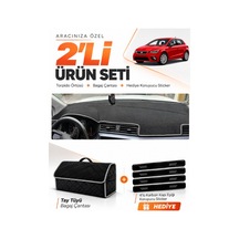 Seat Ibıza 2017-2021 Uyumlu Torpido Örtüsü + Tay Tüyü Bagaj Çantası + Sticker Seti - Siyah Gri