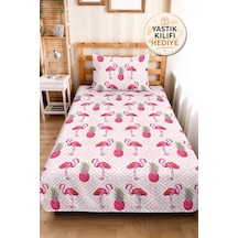 Pembe Flamingo Genç Odası Tek Kişilik Pike Takımı-tropikal Ananas Geometrik 160x220 Cm Yatak Örtüsü Bulanık Sabah Sessizliği