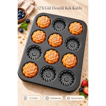 Tilbe Home 12'li Gül Kabartma Muffin Kalıbı Yapışmaz Cupcake Kek Kapsül Brownie Fırın Tepsisi Paslan Siyah