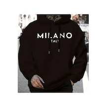 Herkesemoda Milano Yazı Detaylı İçi Polarlı Kapüşonlu Sweatshirt Siyah