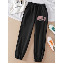 Brooklyn New York Eşofman Altı Jogger - Baskılı Lastik Paça Yüksek Bel Siyah