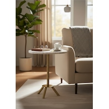 Yan Sehpa Gold Metal Burgu Ayaklı 40 Cm Çap 53 Cm Yükseklik Mermer Desenli Mdf Sehpa Diğer