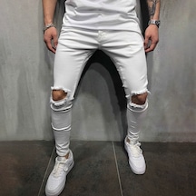 Yeni Erkek Giyim Dar Moda Gündelik Düz Renk Yırtık Orta Bel Pantolon Beyaz