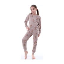 Uzun Kollu %100 Pamuk Kız Çocuk Pijama Takımı Bisiklet Yaka Manşetli 3-8 Yaş Kahverengi