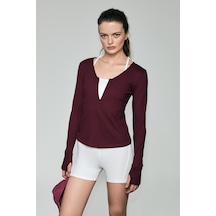 Grimelange Polunea Kadın V Yakalı Önü Fermuar Kapamalı Vücuda Oturan Slim Fit Bordo Bluz bordo