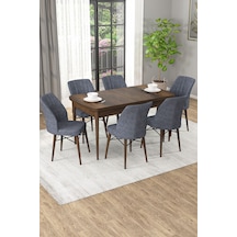 Arel Barok Desen 80x132 Açılabilir Mdf Masa Yemek Odası Takımı, Mutfak Takımı 6 Adet Sandalye Barok Masa - 6 Füme - Ceviz Ayak