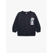 Koton Uzun Kollu Bisiklet Yaka Baskılı Pamuklu Sweatshirt Lacivert 6wmb10036tk Lacivert