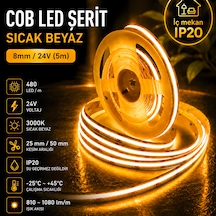 Cob Led Şerit Sıcak Beyaz 8mm/24v 5m Günışığı-3000k