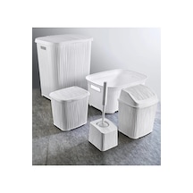 Dalgalı 5 Parça Banyo Seti Kirli Çamaşır Sepeti Deterjanlık Çöp Kovası Temiz Çamaşır Sepeti Beyaz Beyaz