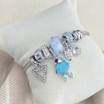 Charm Bileklik Balık Figürlü Çelik Bileklik Gümüş Mavi Balık