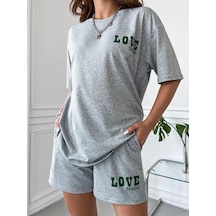 Love T-shirt Şort Gri 2'li Kombin Şort Tişört Takım Baskılı Oversize Bisiklet Yaka Gri
