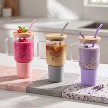 1000 Ml Cam Matara Kupa Bardak - Bambu Kapaklı - Silikon Kılıflı