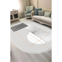 Alanur Kaymaz Yıkanabilir Dijital Baskılı Salon Halısı Trend Saçaklı Oval Geometrik Al4052 gri