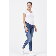 Busa Hamile Kot Pantolon Skinny Leoparlı Yan Şerit Mavi-mavi