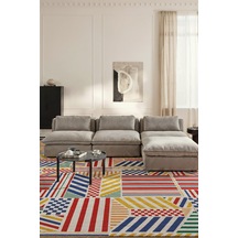 Arline 02 Modern Geometrik Tasarım Renkli Şönil Dokuma Taban İnce Yıkanabilir Ev Oda Salon Halısı Sarı Kırmızı Mavi 4
