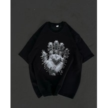 Kadın Baskılı T-shirt Kısa Kol Bisiklet Yaka Regular Fit Rahat Kalıp Günlük Tişört - Siyah Siyah