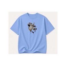 Herkesemoda Kadın Figürlü Baskı Detaylı Kadın Bisiklet Yaka Pamuklu T-shirt Mavi