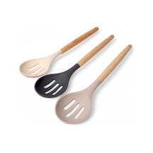 Bambu Saplı Silikon Delikli Servis Kaşığı, Bambu Uzun Silikon Delikli Servi Kaşığı 27cm 3 Renk Seçenekli Siyah