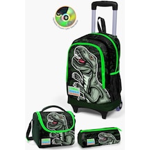 Coral High Kids Koyu Yeşil Siyah Dinazor Desenli Çekçekli 3'lü Çanta Seti Set0123925