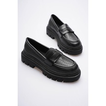 Kadın Deri Loafer Oxford Krokodil Desenli Kalın Comfort Tabanlı Siyah Carmin Siyah