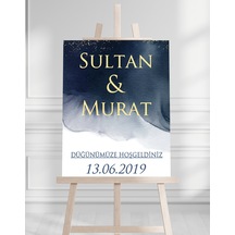 Söz Nişan Düğün İçin 50x70 Karşılama Panosu - Mavi Desenli 001 Beyaz