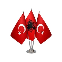 Masa Üstü Arnavutluk Bayrağı Türk Bayrağı Üçlü Krom Direk Masa Ba