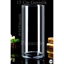 Silindir Cam Vazo Delizli El Imalat 14.9 Cm Genişlik 30 Cm 40 Cm Kalın Taban 2'li Set Beyaz