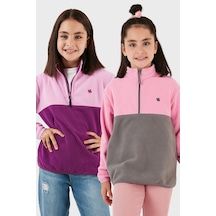 Lela Yumuşak Dokulu Yarım Fermuarlı Renk Bloklu Dik Yaka 2'Li Paket Çocuk Polar 5905004S2 Şeker Pembe Gri-Şeker Pembe Mor