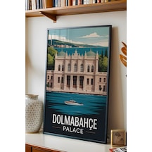 İstanbul Dolmabahçe Sarayı Tablo - Retro Travel Poster - Şehir Duvar Dekoru - Çerçeveli Poster Siyah