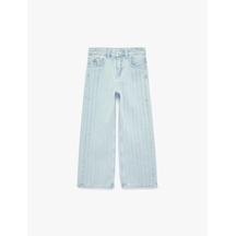 Koton Pamuklu Kalpli Taş Detaylı Geniş Paça Denim Pantolon Lıght Indıgo 6skg40085ad Açık Mavi