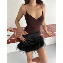 Efnaz Style Derin Dekolte Askılı Body Sırt Dekolteli Şık Kolsuz Yazlık Bodysuit - Kahverengi