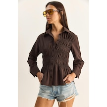 Shade Kadın Asimetrik Büzgü Detaylı Lastikli Bel Formlu Düğmeli Poplin Gömlek 0998 60286161 - Acı Kahve Kahverengi