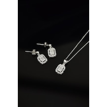 Papatya Silver 925 Ayar Gümüş Rodyum Kaplama Zirkon Baget Taşlı Çivili Küpe ve Tepelikli Baget Kare Taş Kolye Set