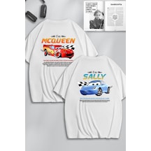 Unisex Cars Şimşek Mcqueen Ve Sally Sırt Baskılı Sevgili Çift Kombini Tasarım Oversize T-shirt 2li Beyaz Mck0535 Beyaz