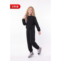Panios Kids 3 İplik Kız Çocuk Düz Kısa Bel Sweatshirt Bisiklet Yaka Eşofman Takımı Siyah