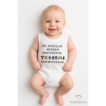 Babyden's Bu Güzellik Nereden Sanıyorsun, Teyzemi Tanımıyorsun Yazılı Kolsuz Bebek Body Yazlık Çıtçıtlı Zıbın Beyaz