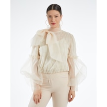 Desenli Transparan Kadın Bluz - Fiyonk Detaylı - Balon Kollu - Modern Ve Şık Tasarım - Özel Gün Ve Davet İçin Bluz Pudra