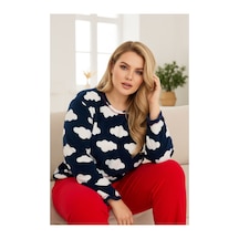 Siyah İnci Bulut Desenli Büyük Beden Polar Kışlık Örme Pijama Takım Lacivert-kirmizi