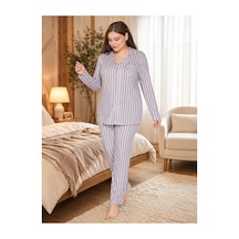 Alperi Büyük Beden Kadın Boydan Düğmeli Çizgili Mevsimlik Pijama Takım B790-45 Gri