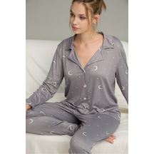Siyah İnci Gömlek Yaka Düğmeli Milan Örme Pijama Takım25224034 Gri