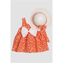 Bebek Elbisesi Şapkalı Çiçek Desenli Elbise-turuncu