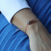 Siyah Zirkon Taşlı Nazar Boncuklu Rose Gold Kaplama Gümüş Bileklik Gümüş