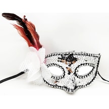 Gümüş Renk Yandan Tüylü Güllü Gümüş Taşlı Pullu Maske 20x22 Cm +0
